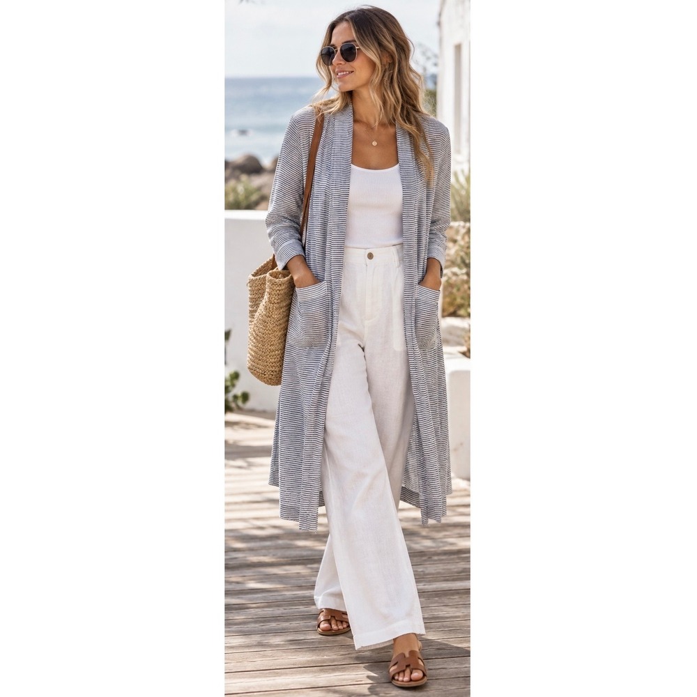 FOIL Linen Cardigan Duster Blue White Striped Open Front Coastal Minimalist S